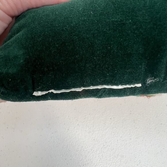 Vtg Merry Christmas Needlepoint Pillow Holiday Decor Green Velvet Bead Detail - Picture 5 of 7